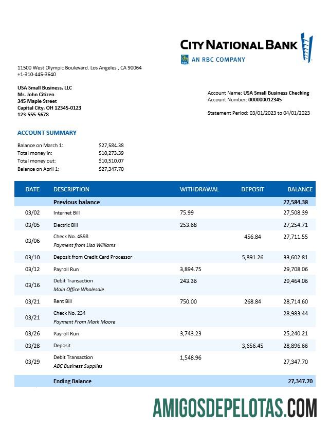 Declaração da Organização do Banco Nacional da Cidade Realista Modelo Word e PDF